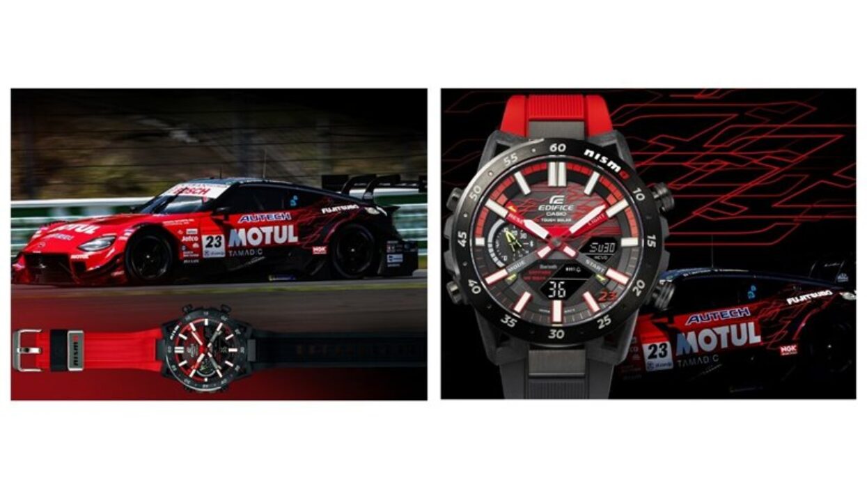 A red and black Casio Edifice Nismo watch displayed alongside the matching Motul race car livery.