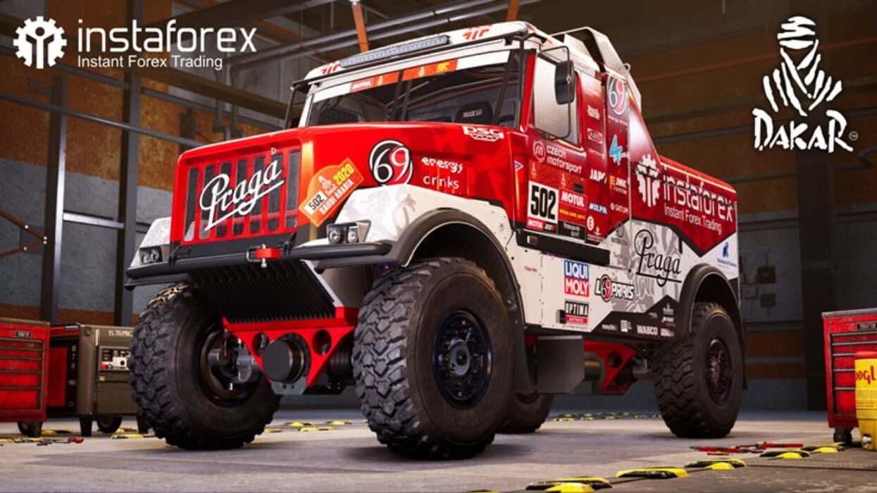 Red and white Praga rally truck with complex sponsor wrapping, including InstaForex and Dakar logos.
