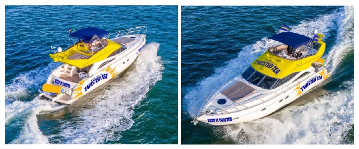 Two views of a white and yellow motor yacht wrapped with "Twisted Tea" branding, speeding on the sea.
