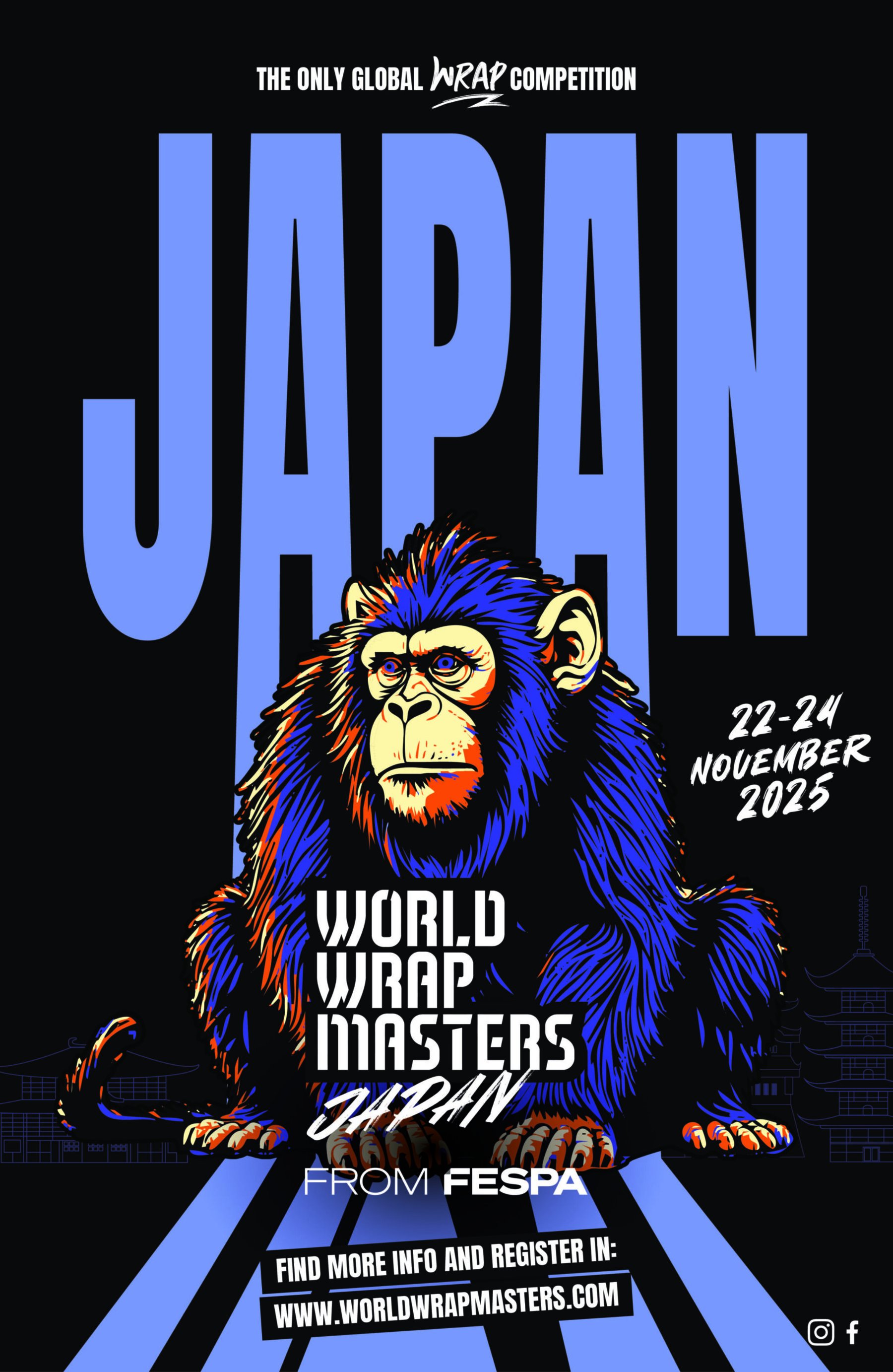 World Wrap Masters Japan poster, featuring a stylised blue and orange ape graphic, 22-24 November 2025.