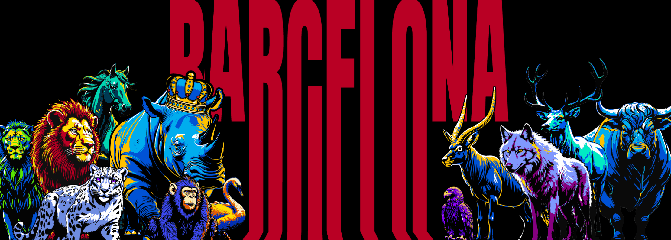Neon graphic of a lion, crowned rhino, bull, and other animals, with the word BARCELONA in red.